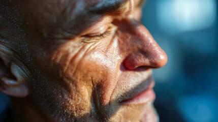 Close-up portrait of a thoughtful middle-aged man with glasses, captured in warm dramatic lighting for emotional and introspective themes