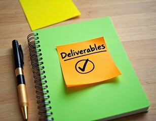 Orange sticky note with Deliverables and a checkmark on a green notepad. A pen and yellow note are on a wooden table. Represents project completion and successful task management.