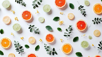 Fresh Spring Flat Lay of Citrus Slices, Mimosa Petals and Greenery in Abstract Pattern on White Background.