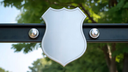 Blank metallic shield badge mockup securely mounted outdoors custom emblem design