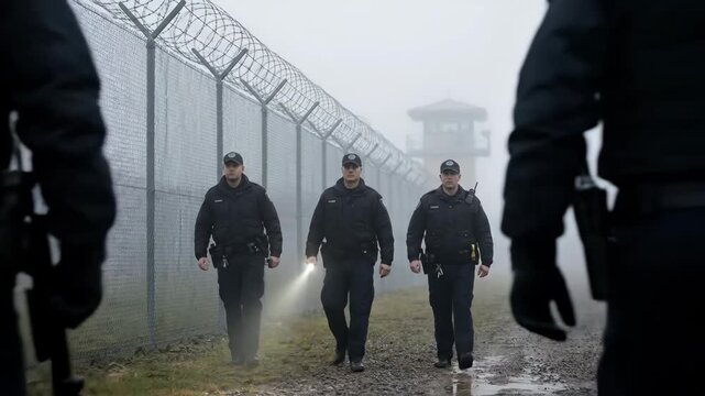 Three uniformed correctional officers are walking along a chain-link fence topped with razor wire, performing a security patrol outside a prison on a foggy day with a watch tower in the background