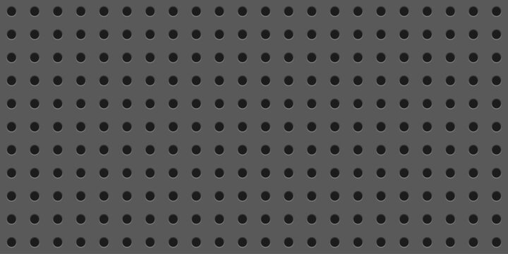 Dark grey perforated metal plate with circular holes. Realistic iron grill with 3d dot holes. Circle mesh backdrop forming a modern industrial pattern. Steel speaker grid. Vector illustration