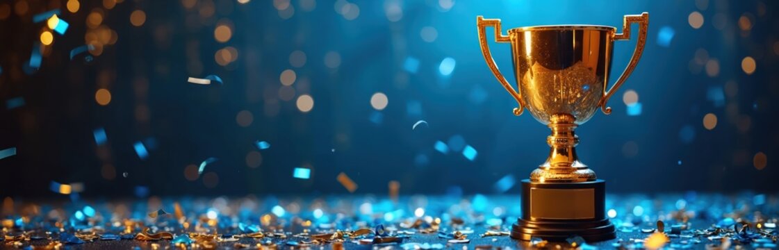 Gold trophy stands on the surface against a dark blue background. Shiny championship cup surrounded by confetti celebrates success winner achievement. Concept of victory award prize. - Powered by Adobe