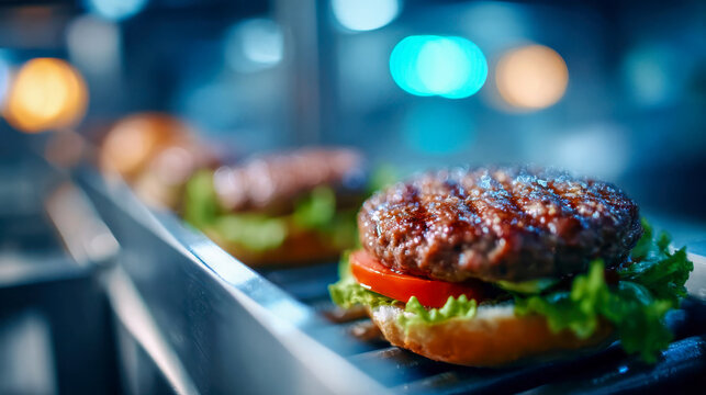 A juicy grilled burger patty sits on a bun with fresh greens and herbs in a vibrant restaurant kitchen environment - Powered by Adobe