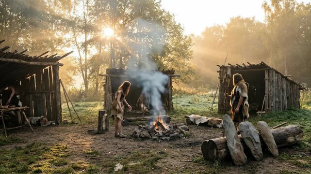 Early humans are gathering around a campfire at sunrise, showing daily life and survival in a stone age camp with primitive huts in a natural forest environment