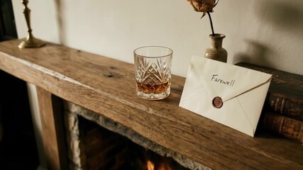 Envelope depicting a farewell message with a wax seal resting on a rustic wooden mantelpiece beside a glass of whiskey, dried rose, and vintage books, evoking moments of departure and contemplation