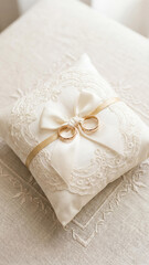 Ivory wedding ring pillow with lace trim and satin bow holds two gold bands on textured fabric. A classic and elegant symbol of love, commitment, and ceremony in soft, romantic tones.
