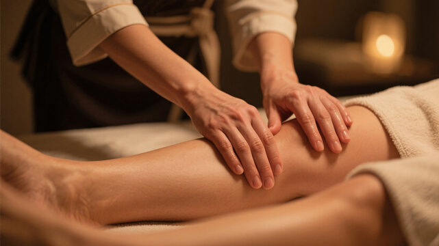 Close-up of massage therapist hands performing deep relaxing calf massage in spa center, emphasizing muscle recovery, circulation and holistic wellness therapy
