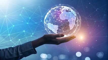 Hand Holding Glowing Digital Earth Globe with Futuristic Network Background