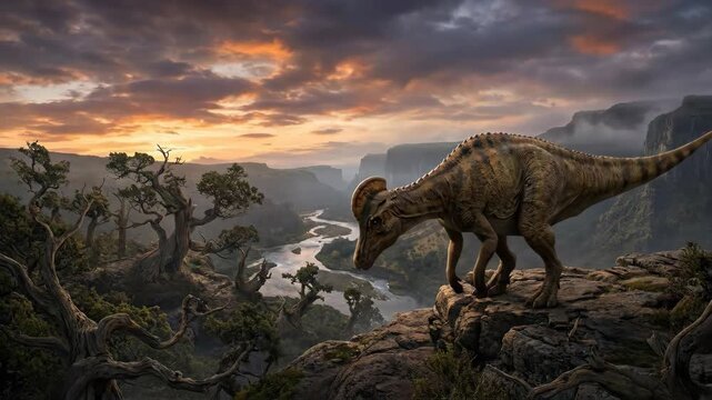 Corythosaurus dinosaur standing on a rocky cliff, looking out over a vast prehistoric valley with a river winding through it under a dramatic sunset sky