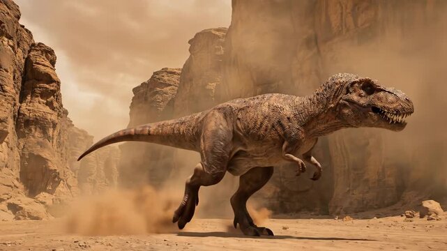 Tyrannosaurus rex, an imposing prehistoric predator, walks through a dusty dry canyon landscape under a dramatic sky, depicting ancient earth and the powerful existence of extinct dinosaurs