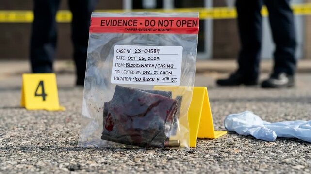 Investigators examining collected evidence from a crime scene, including a blood-stained cloth and bullet casing, sealed in a bag with identification details and placed next to a marker