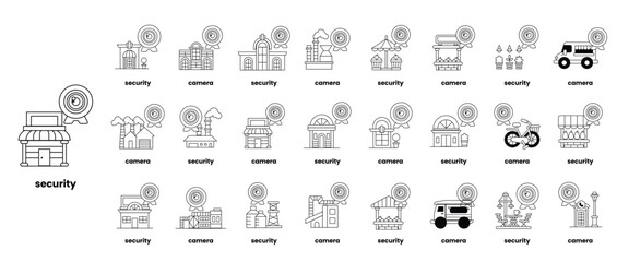 A series of icons for security, including a security camera, a security guard