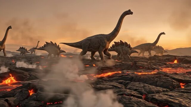 Brachiosaurus and stegosaurus dinosaurs migrate across a volcanic landscape with molten lava flows and steam, under a dramatic smoky sunset sky, symbolizing a prehistoric extinction event