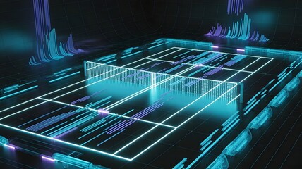 Futuristic tennis court of luminous digital data grids – Great for sports data analytics, high-tech athletic training, or abstract technology backgrounds.