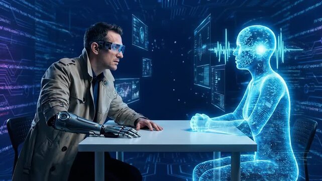 Human and ai engage in a cyberpunk scene: man with futuristic glasses and bionic arm facing a glowing holographic ai amid floating code, data interfaces, and blue neon light