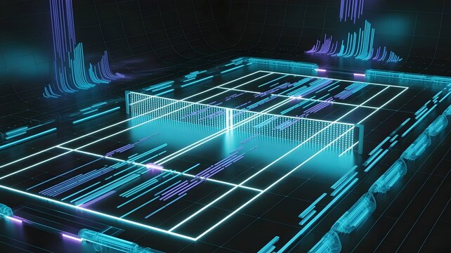 Futuristic tennis court of luminous digital data grids – Great for sports data analytics, high-tech athletic training, or abstract technology backgrounds. - Powered by Adobe
