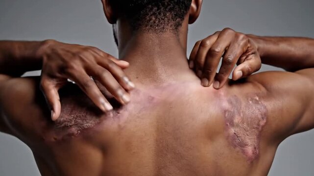 A detailed close-up shot captures the back and shoulder of a person with dark skin, highlighting prominent, raised scar tissue. The individual's hand is gently touching the affected area, conveying a 