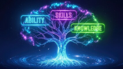 Colorful digital diagram, Bright neon connected graph representing knowledge exchange and development