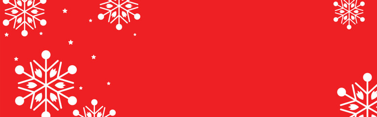 Festive red winter background with white geometric snowflakes and small stars around empty center space, ideal for Christmas greeting cards, holiday banners, web headers, and seasonal promotional desi