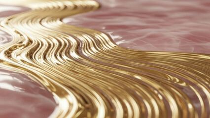 Abstract Liquid Gold Waves on Pink Background. Luxurious Golden Flow for Beauty, Skincare, Wealth, and Elegant Modern Design.