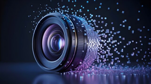 Cinematic camera lens dissolving into vibrant pixels &ndash; Ideal for analog to digital transition concepts.