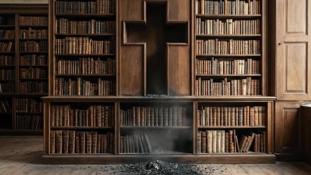 Old wooden library featuring an empty cross-shaped section on bookshelves with a pile of ashes on the floor, symbolizing censorship, knowledge destruction, and religious conflict