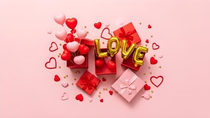 Valentine’s Day Gift Boxes and Heart Balloons with Gold LOVE Letters on Pink Background