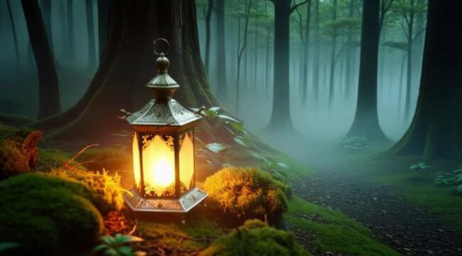 Antique lantern glowing in misty forest with green foliage  
