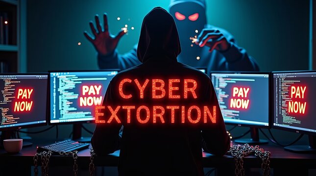 A person in a hoodie sits at a computer, with a looming shadowy figure in the background, depicting cyber extortion.