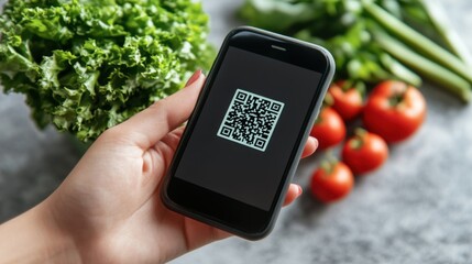 A hand holding a smartphone showing a QR code