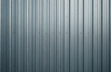 Obraz premium Corrugated galvanized steel wall panel. Vertical ribbed metallic surface texture. Modern industrial building exterior material detail. Weathered silver grey sheets create abstract background.