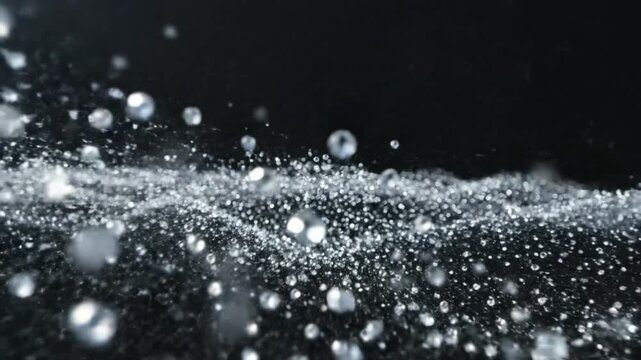 Dynamic microscopic view of shimmering water droplets repelling across a dark hydrophobic surface in motion