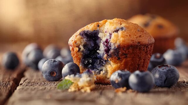 Blueberry muffin with scattered blueberries on rustic wooden table