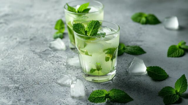 Two refreshing mint cocktails with ice on gray background