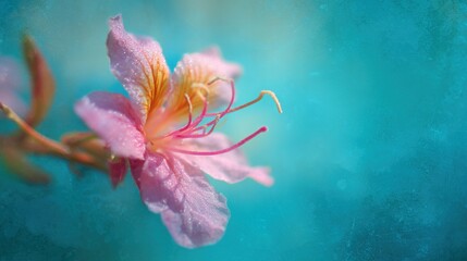 Pink and yellow flower with dew drops and intricate details on blue