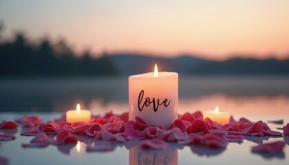 Lit white candle with word love written on it, surrounded by pink rose petals on reflective surface with water and sunset background. Romantic ambiance.