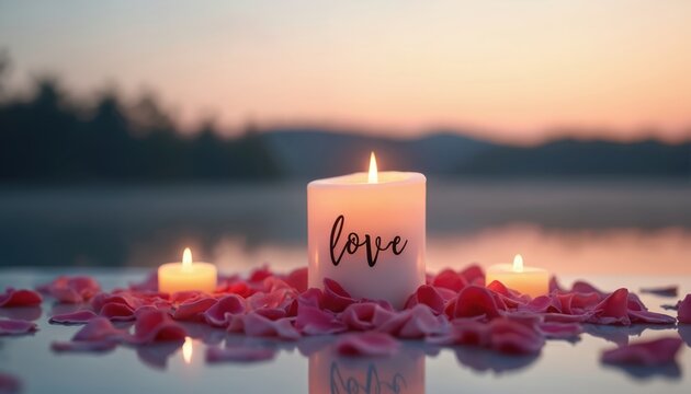 Lit white candle with word love written on it, surrounded by pink rose petals on reflective surface with water and sunset background. Romantic ambiance. - Powered by Adobe