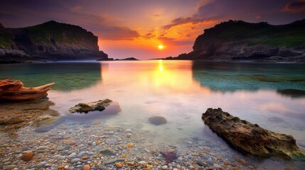 Dramatic sunset over calm coastal waters with vibrant reflections