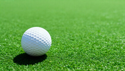 Close up of a white golf ball on green grass. Outdoor sport game background with copy space for text