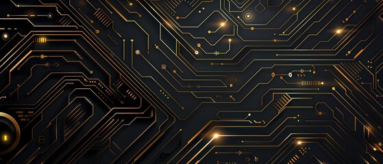 High-tech black circuit surface with glowing golden lines and lights. Perfect for technology, innovation, or digital-themed visuals.