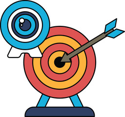 A black and white drawing of a target with a camera and an arrow