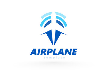 Airplane logo silhouette plane and radar location map vector white background