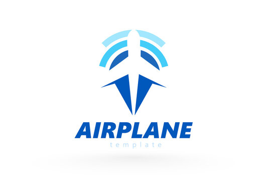 Airplane logo silhouette plane and radar location map vector white background