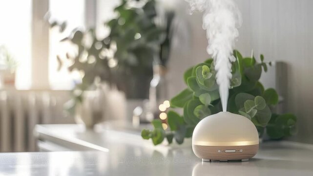 Modern essential oil diffuser emitting mist, placed on white counter near green plants in well-lit room