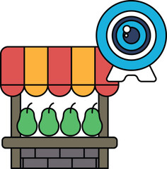 A black and white drawing of a fruit stand with a camera in the middle