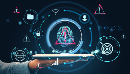 Digital fingerprint scan with cybersecurity hologram icons over tablet on dark background showing online data protection and mobile network access.
