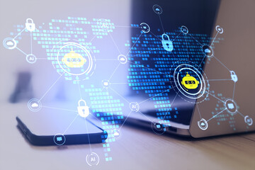 Chatbot and AI network visualization over smartphone and laptop on wooden desk in modern office background, symbolizing secure digital connectivity.
