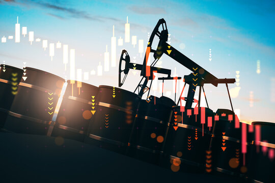 Oil barrels and pump jack with financial chart overlay depicting market crash and global oil price collapse during economic downturn period. 3D Rendering