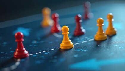 Chess pawns on world map board. Red and yellow pieces form strategy path. Planning global business or team movement. Teamwork and competition concept.